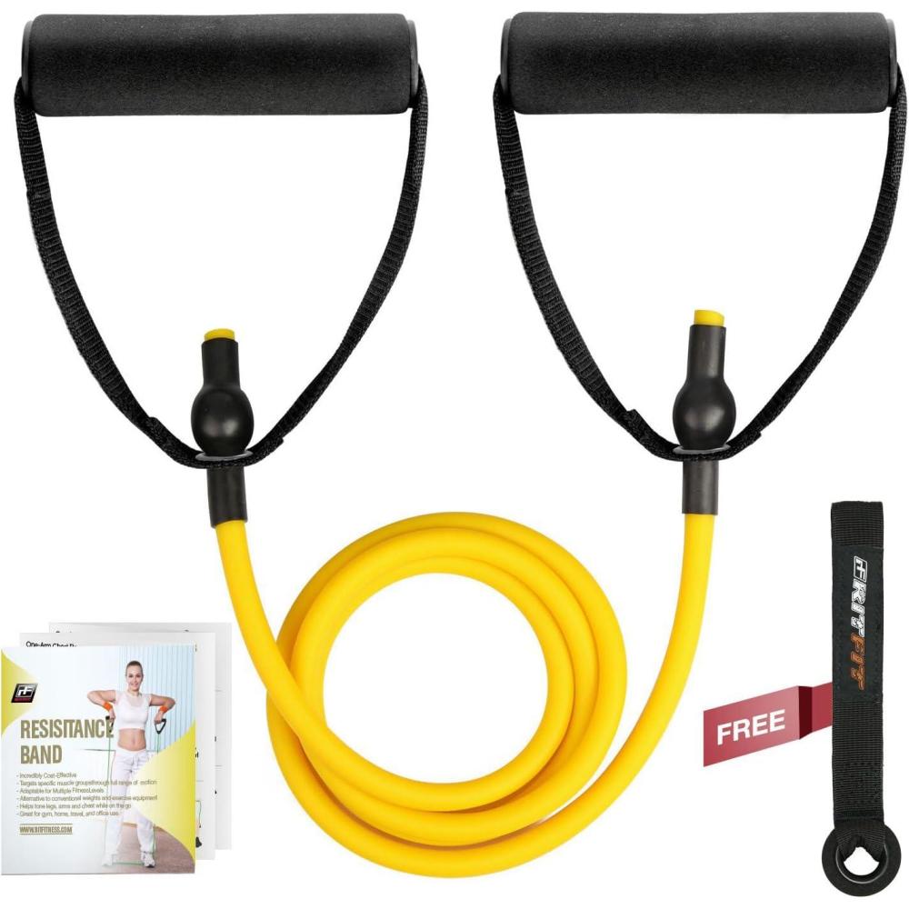 imageRitFit Single Resistance Exercise Band with Comfortable Handles Ideal for Physical Therapy Strength Training Muscle Toning Door Anchor and Starter Guide IncludedYellow15lbs