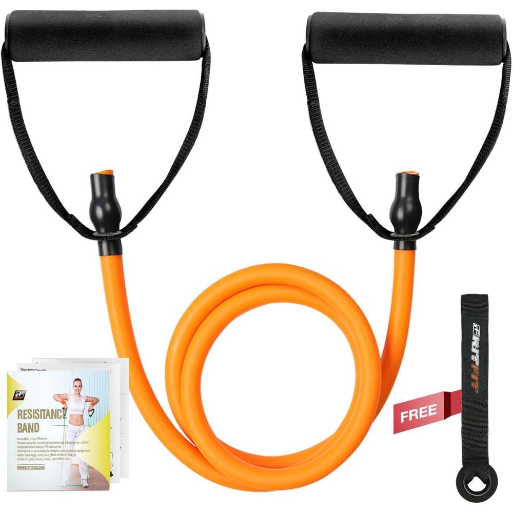 imageRitFit Single Resistance Exercise Band with Comfortable Handles Ideal for Physical Therapy Strength Training Muscle Toning Door Anchor and Starter Guide IncludedOrange3035lbs