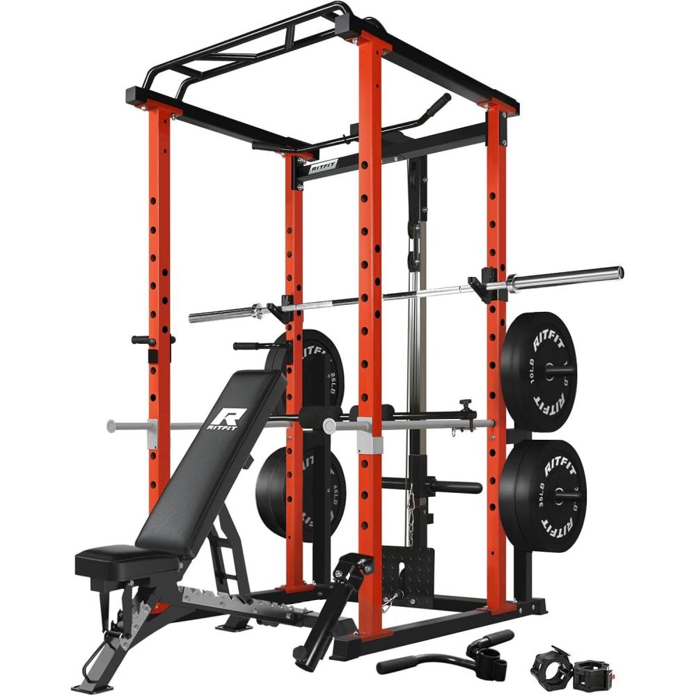 imageRitFit Squat Rack Power Cage Home Gym Package Includes 1000LBS Power Rack with Cable Crossover System Weight Bench Weight Plate Set with Olympic Barbell PPC02 Package 16K CLF BP 230LBSOrange