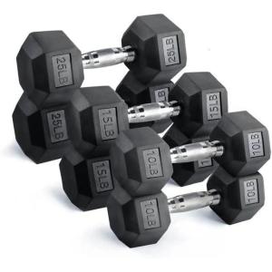 RitFit 5-300LBS Rubber Encased Hex Dumbbell Sets with Optional Rack for Home Gym, Coated Hand Weights for Strength Training, Workouts((10+15+25)100 LB Set with 3-Tier Rack)