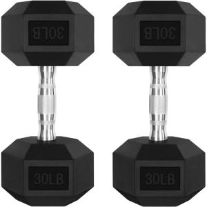 RitFit 5-300LBS Rubber Encased Hex Dumbbell Sets with Optional Rack for Home Gym, Coated Hand Weights for Strength Training, Workouts(2 X 30 LBS)