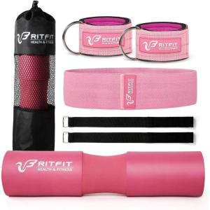 RitFit 7 Pcs Barbell Squat Pad Set, with Resistance Band, 2 Safety Straps, 2 Gym Ankle Straps & Carry Bag, Upgraded Neck & Shoulder Protective Pad Support for Squats, Lunges & Hip Thrust (Pink/Black)(Pink)