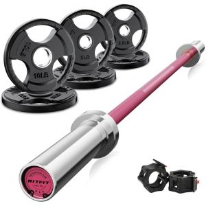 RitFit Barbell Weight Set – 4/6FT Olympic Barbell with Weight Plates (55-275LB Total) – Weightlifting Equipment for Squats, Curls, Deadlifts, Presses, Hip Thrusts(Pink)