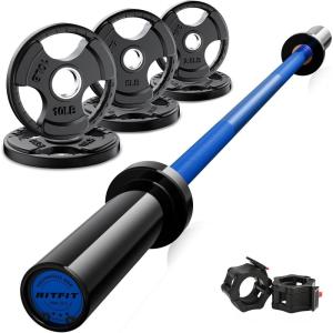 RitFit Barbell Weight Set – 4/6FT Olympic Barbell with Weight Plates (55-275LB Total) – Weightlifting Equipment for Squats, Curls, Deadlifts, Presses, Hip Thrusts(Black/Blue)
