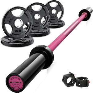 RitFit Barbell Weight Set – 4/6FT Olympic Barbell with Weight Plates (55-275LB Total) – Weightlifting Equipment for Squats, Curls, Deadlifts, Presses, Hip Thrusts(Black/Pink)
