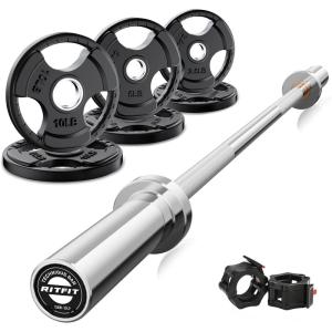 RitFit Barbell Weight Set – 4/6FT Olympic Barbell with Weight Plates (55-275LB Total) – Weightlifting Equipment for Squats, Curls, Deadlifts, Presses, Hip Thrusts(Silver)