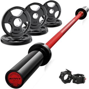 RitFit Barbell Weight Set – 4/6FT Olympic Barbell with Weight Plates (55-275LB Total) – Weightlifting Equipment for Squats, Curls, Deadlifts, Presses, Hip Thrusts(Black/Red)