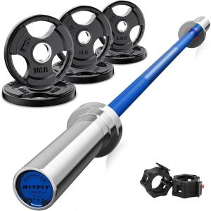 RitFit Barbell Weight Set – 4/6FT Olympic Barbell with Weight Plates (55-275LB Total) – Weightlifting Equipment for Squats, Curls, Deadlifts, Presses, Hip Thrusts(Silver/Blue)