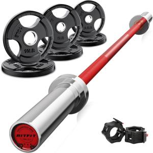 RitFit Barbell Weight Set – 4/6FT Olympic Barbell with Weight Plates (55-275LB Total) – Weightlifting Equipment for Squats, Curls, Deadlifts, Presses, Hip Thrusts(Silver/Red)