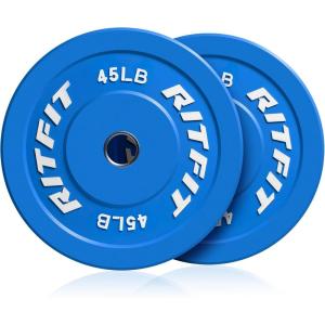 RitFit Color Coded Olympic Bumper Plate for Barbell – 2-Inch Weight Plates With Steel Insert, Rubber Weights for Strength Training in Home Gym(2X45LB)