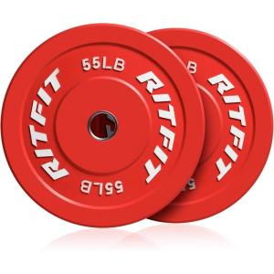 RitFit Color Coded Olympic Bumper Plate for Barbell – 2-Inch Weight Plates With Steel Insert, Rubber Weights for Strength Training in Home Gym(2X55LB)