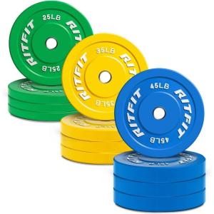 RitFit Color Coded Olympic Bumper Plate for Barbell – 2-Inch Weight Plates With Steel Insert, Rubber Weights for Strength Training in Home Gym(420 Set)