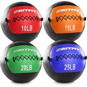 RitFit Medicine Ball / weight ball / Soft Medicine Ball / Wall Medicine Ball / Soft Wall Ball / Wall Ball set/ Medicine Balls for Exercise and Conditioning Workouts, Fitness Gym Equipment for Core Training and Cross Training (5/10/15/20/25/30 lbs)(Red+Orange+Green+Blue(10lb+15lb+20lb+25lb))