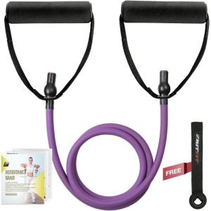 RitFit Single Resistance Exercise Band with Comfortable Handles – Ideal for Physical Therapy, Strength Training, Muscle Toning – Door Anchor and Starter Guide Included(Purple(15-20lbs))