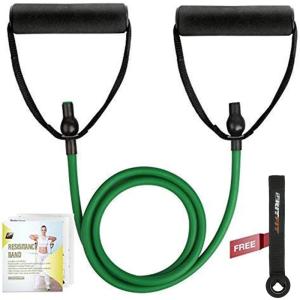 RitFit Single Resistance Exercise Band with Comfortable Handles – Ideal for Physical Therapy, Strength Training, Muscle Toning – Door Anchor and Starter Guide Included(Green(5-10lbs))