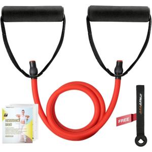 RitFit Single Resistance Exercise Band with Comfortable Handles – Ideal for Physical Therapy, Strength Training, Muscle Toning – Door Anchor and Starter Guide Included(Red(45-50lbs))