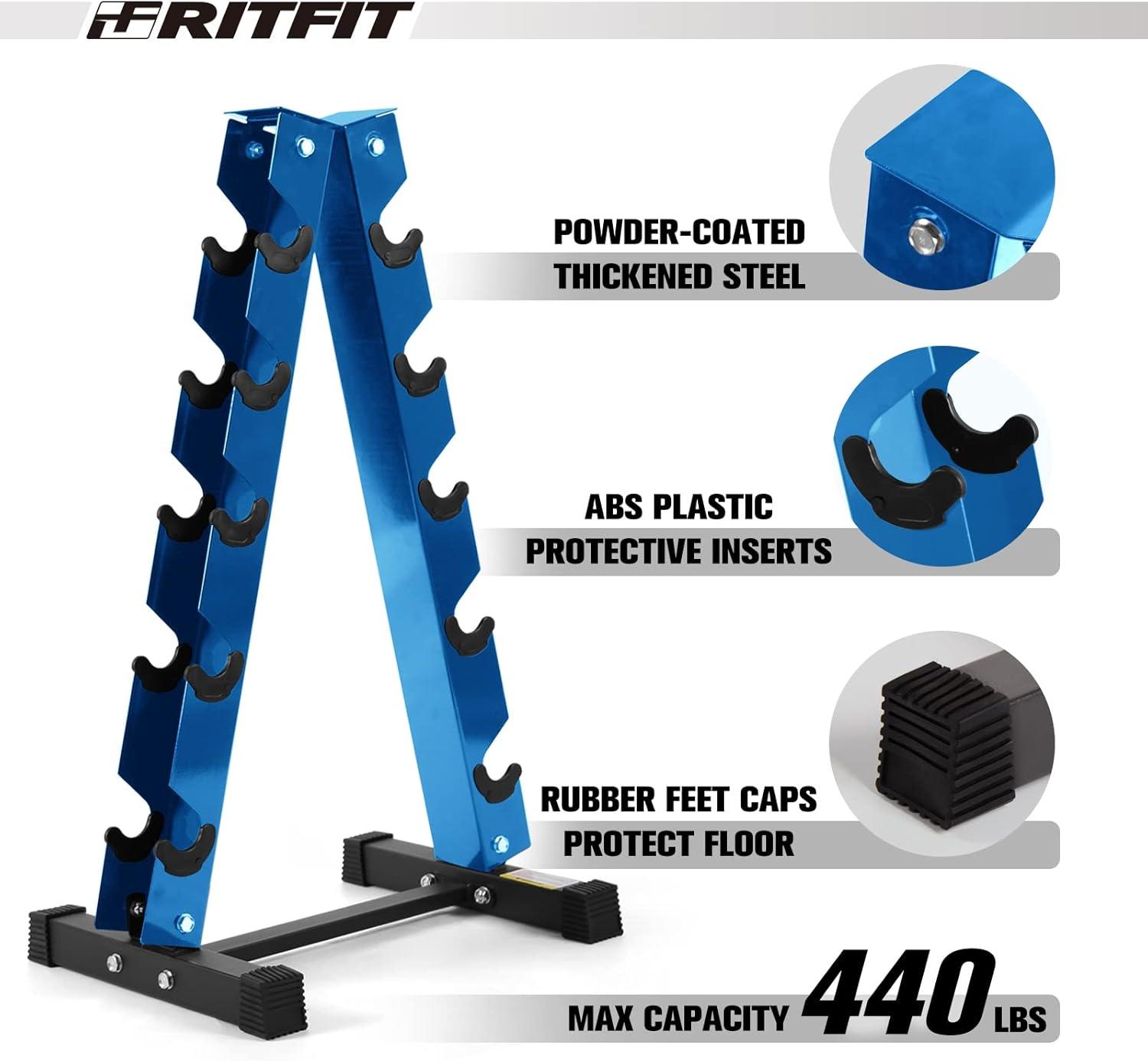 imageRitFit 250LB300LB Rubber Hex Dumbbell Sets with Weights Rack Multiple Color Choices Available Great Gym Equipment for Home Strength Training WorkoutsBlue