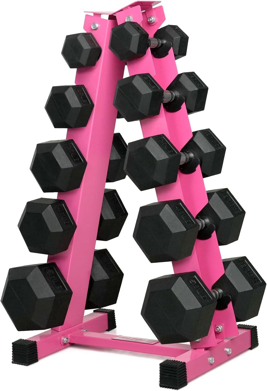 imageRitFit 250LB300LB Rubber Hex Dumbbell Sets with Weights Rack Multiple Color Choices Available Great Gym Equipment for Home Strength Training WorkoutsPink