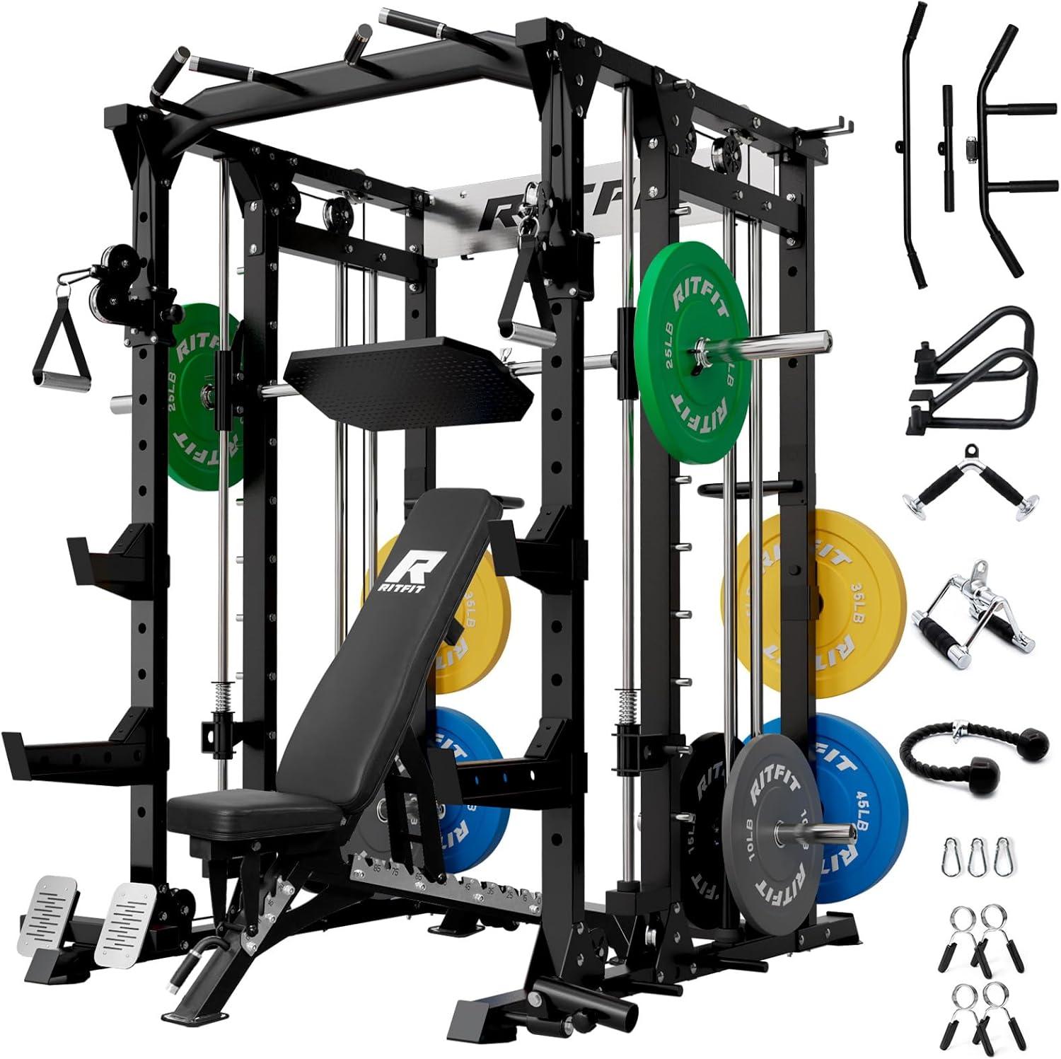 imageRitFit Buffalo Smith Machine Power cage with LATPull Down System amp Cable Crossover System AllinOne Squat Rack for Home Gym Power RackBlack