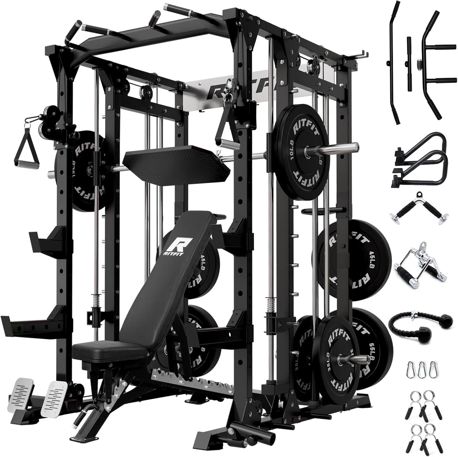 imageRitFit Buffalo Smith Machine Power cage with LATPull Down System amp Cable Crossover System AllinOne Squat Rack for Home Gym Power RackBlack