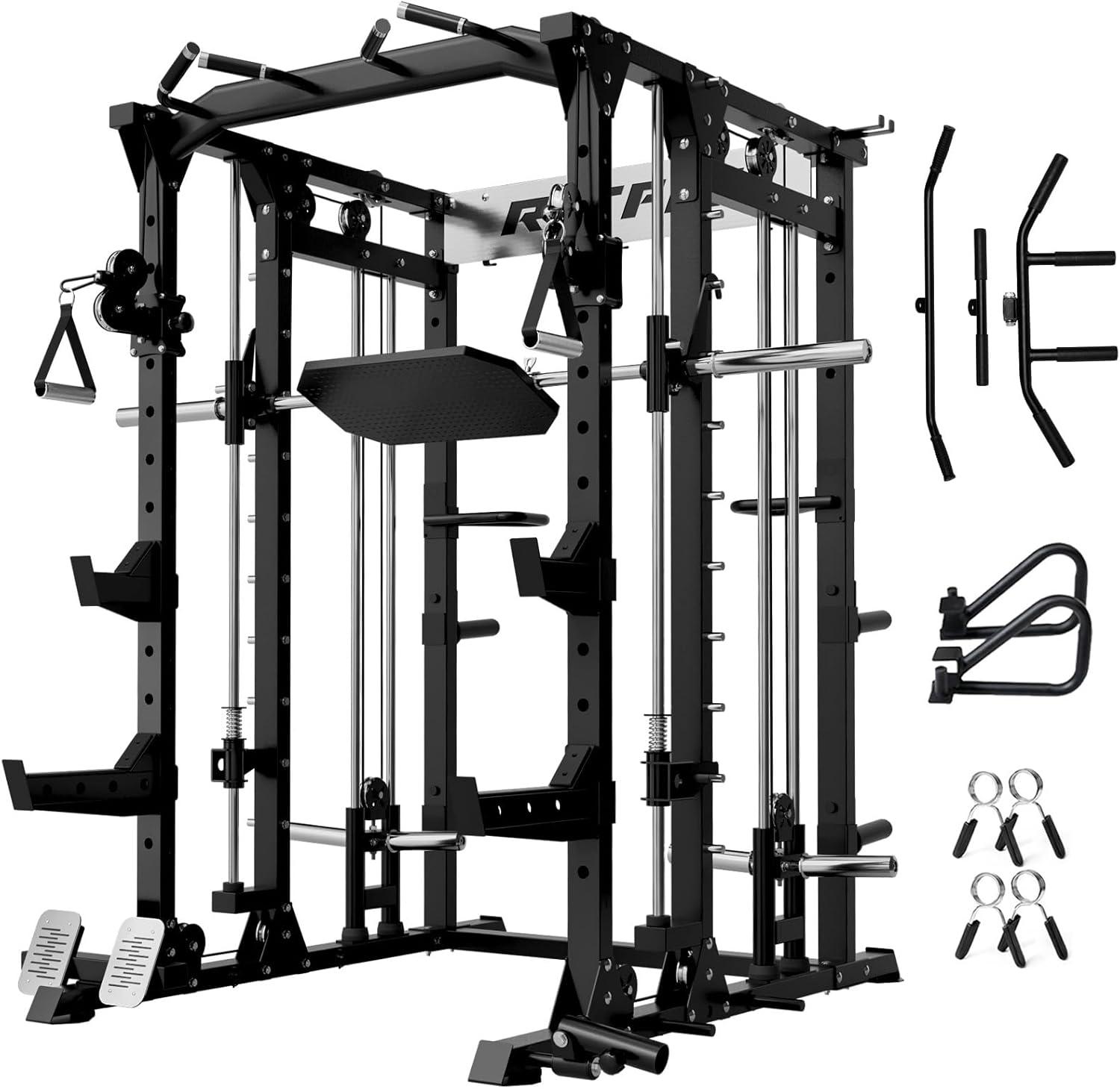imageRitFit Buffalo Smith Machine Power cage with LATPull Down System amp Cable Crossover System AllinOne Squat Rack for Home Gym Power RackBlack