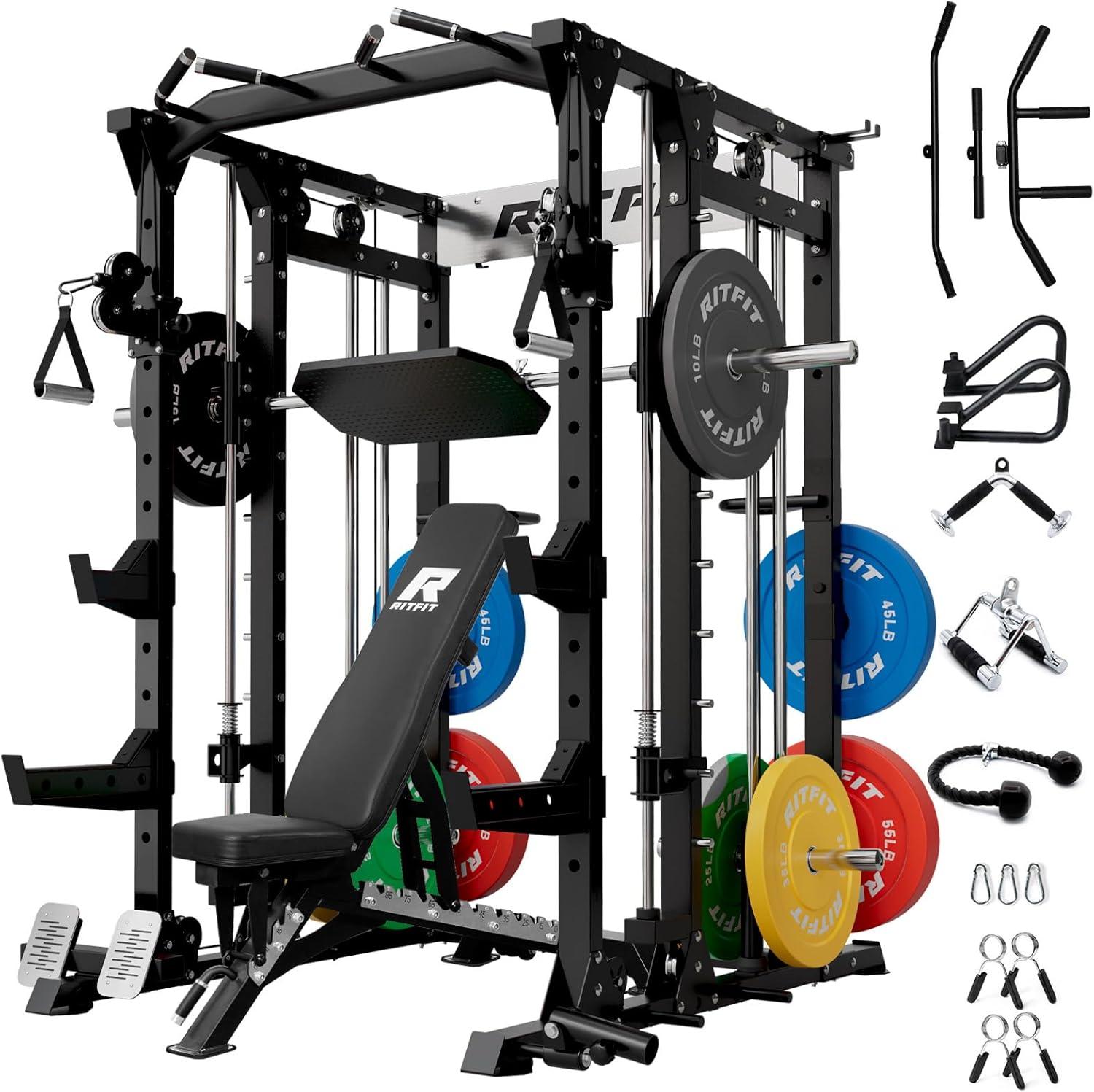imageRitFit Buffalo Smith Machine Power cage with LATPull Down System amp Cable Crossover System AllinOne Squat Rack for Home Gym Power RackBlack