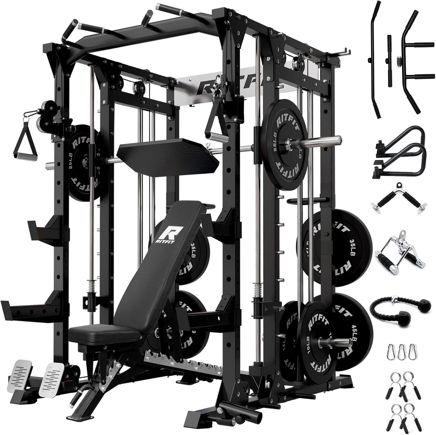 imageRitFit Buffalo Smith Machine Power cage with LATPull Down System amp Cable Crossover System AllinOne Squat Rack for Home Gym Power RackBlack