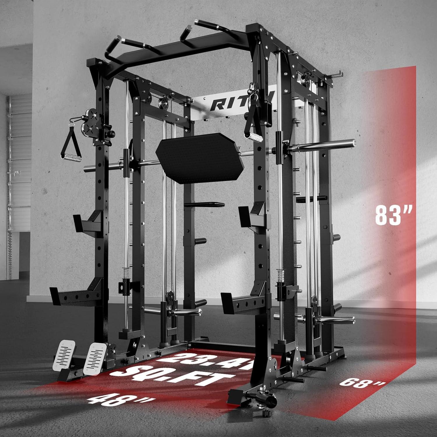 imageRitFit Buffalo Smith Machine Power cage with LATPull Down System amp Cable Crossover System AllinOne Squat Rack for Home Gym Power RackBlack