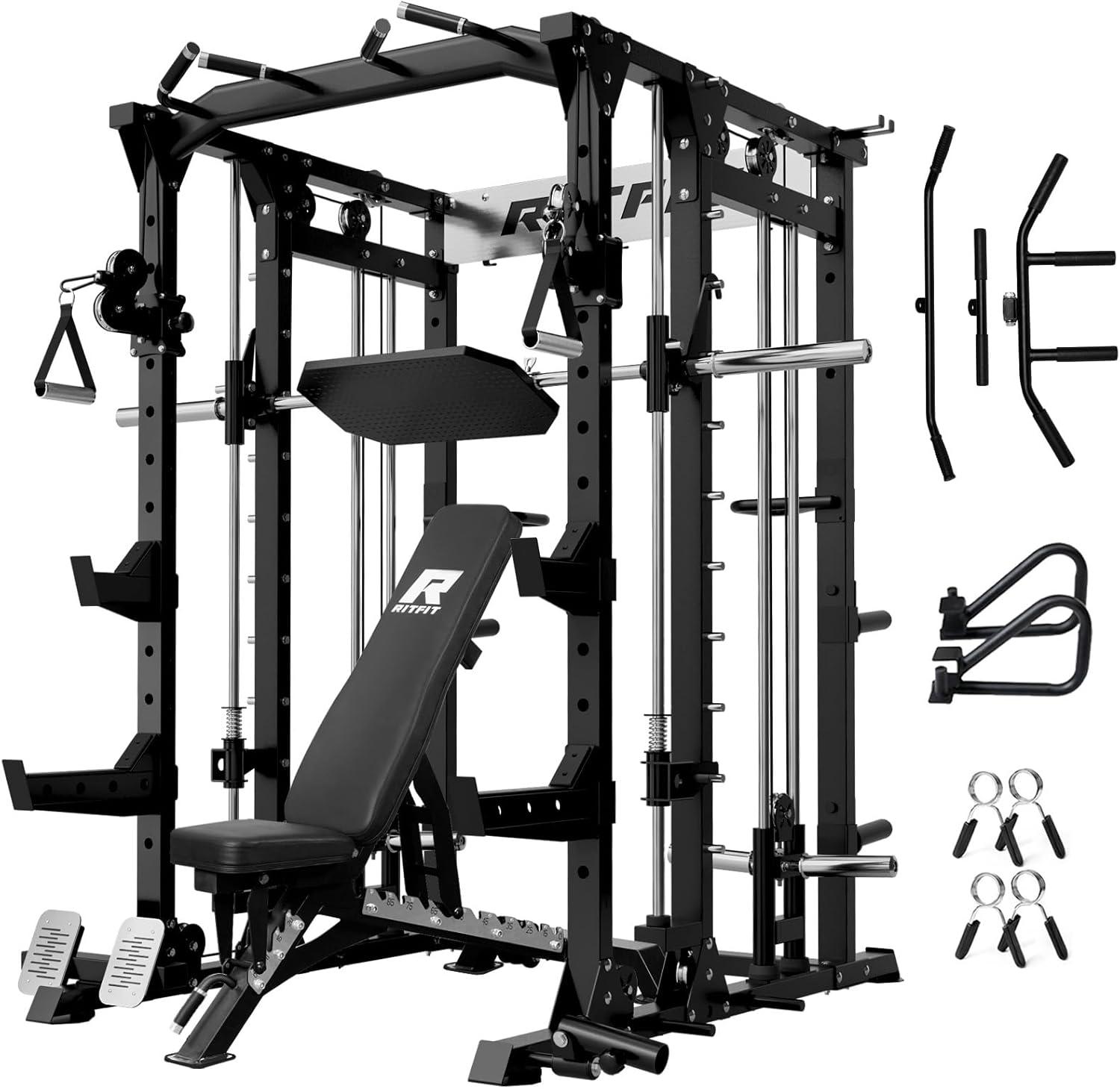 imageRitFit Buffalo Smith Machine Power cage with LATPull Down System amp Cable Crossover System AllinOne Squat Rack for Home Gym Power RackBlack