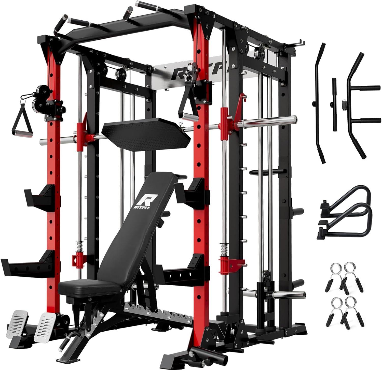 imageRitFit Buffalo Smith Machine Power cage with LATPull Down System amp Cable Crossover System AllinOne Squat Rack for Home Gym Power RackRedBlack