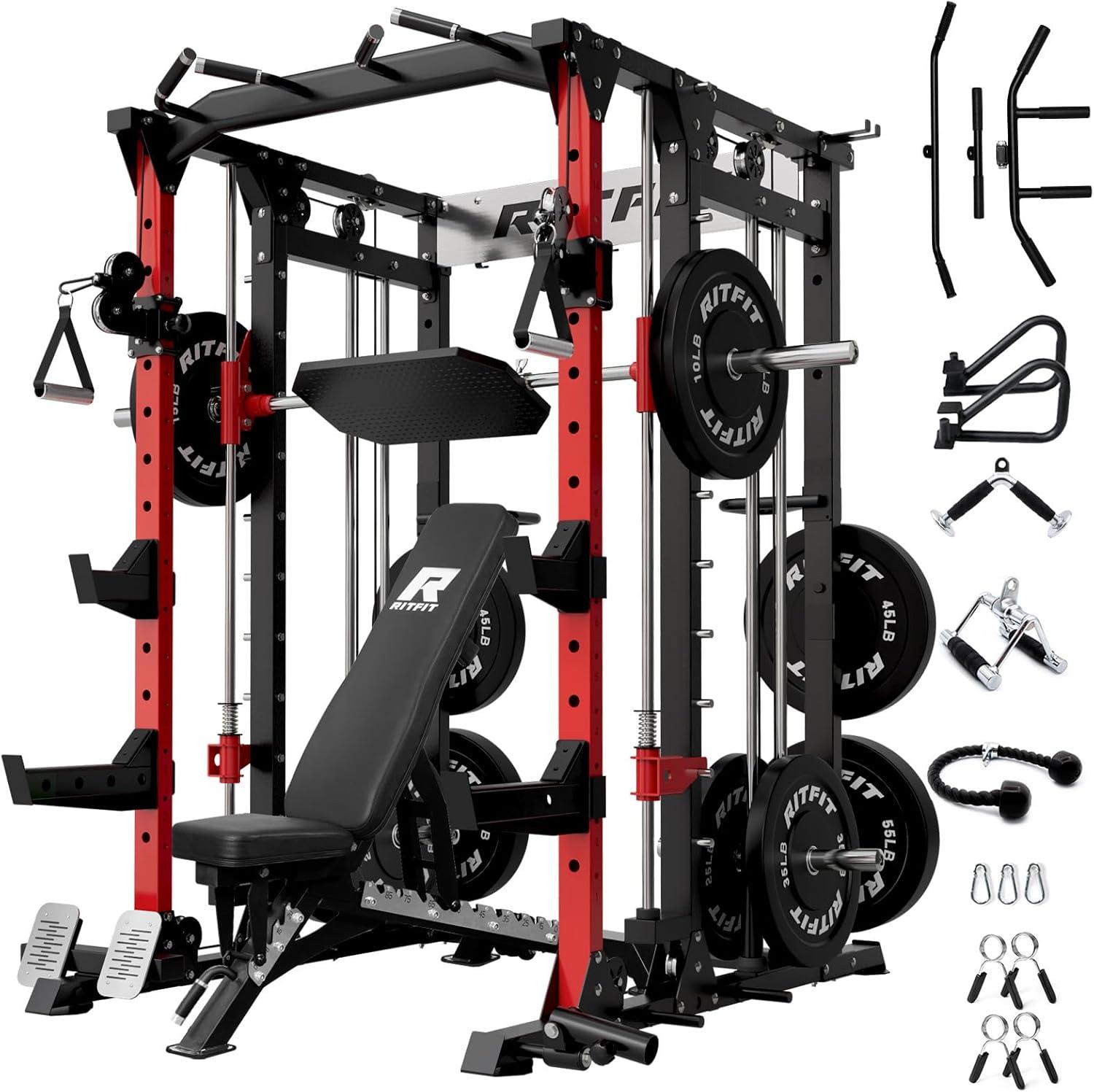 imageRitFit Buffalo Smith Machine Power cage with LATPull Down System amp Cable Crossover System AllinOne Squat Rack for Home Gym Power RackRedBlack