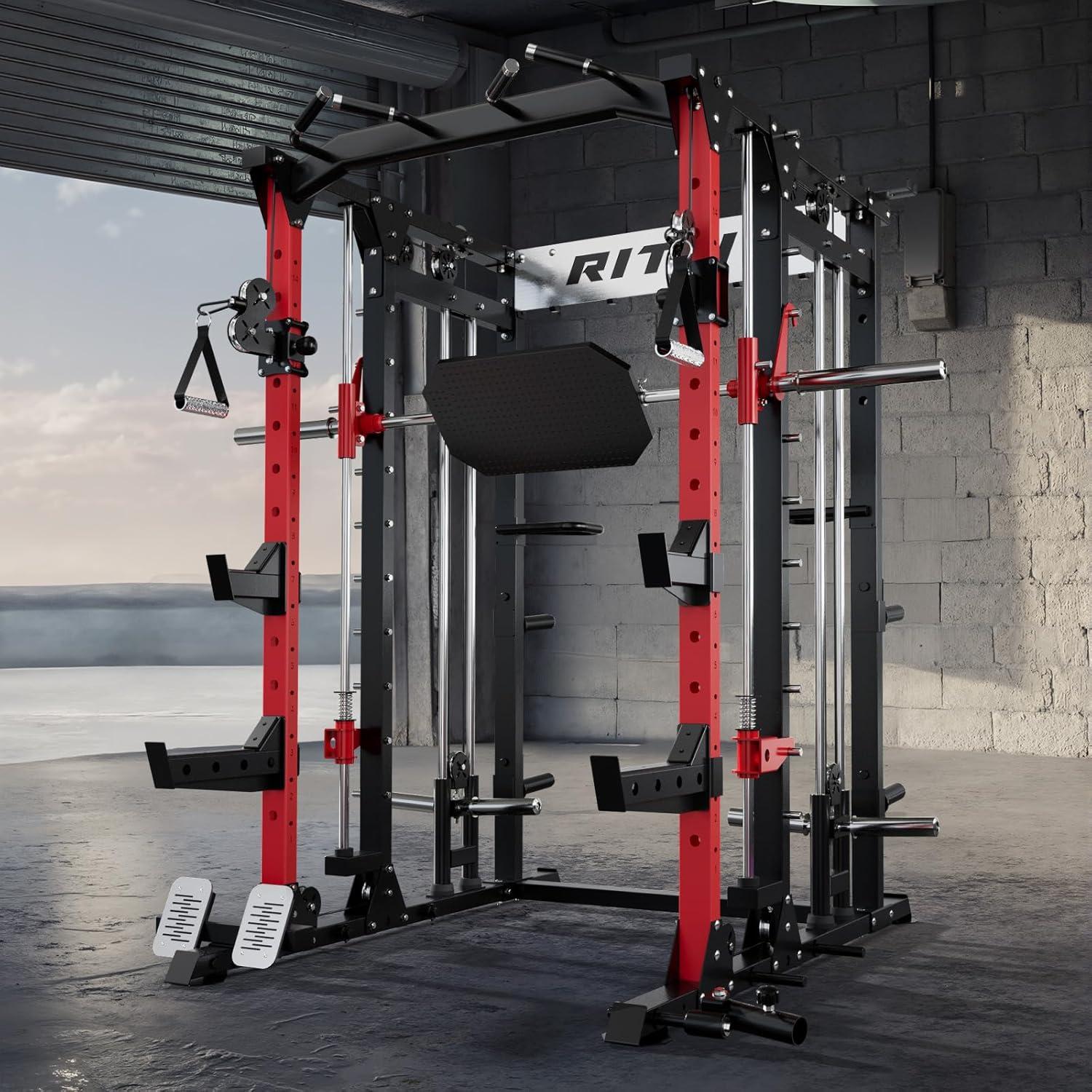 imageRitFit Buffalo Smith Machine Power cage with LATPull Down System amp Cable Crossover System AllinOne Squat Rack for Home Gym Power RackRedBlack