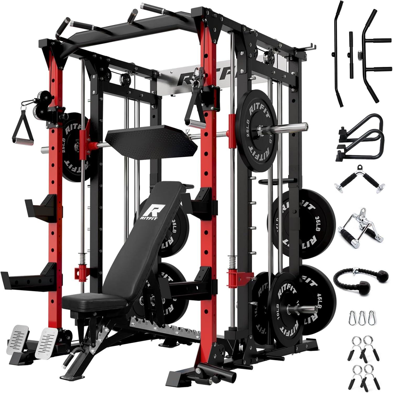 imageRitFit Buffalo Smith Machine Power cage with LATPull Down System amp Cable Crossover System AllinOne Squat Rack for Home Gym Power RackRedBlack