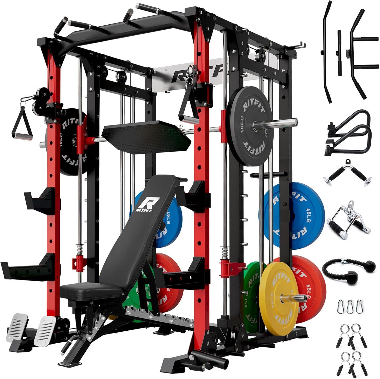 imageRitFit Buffalo Smith Machine Power cage with LATPull Down System amp Cable Crossover System AllinOne Squat Rack for Home Gym Power RackRedBlack