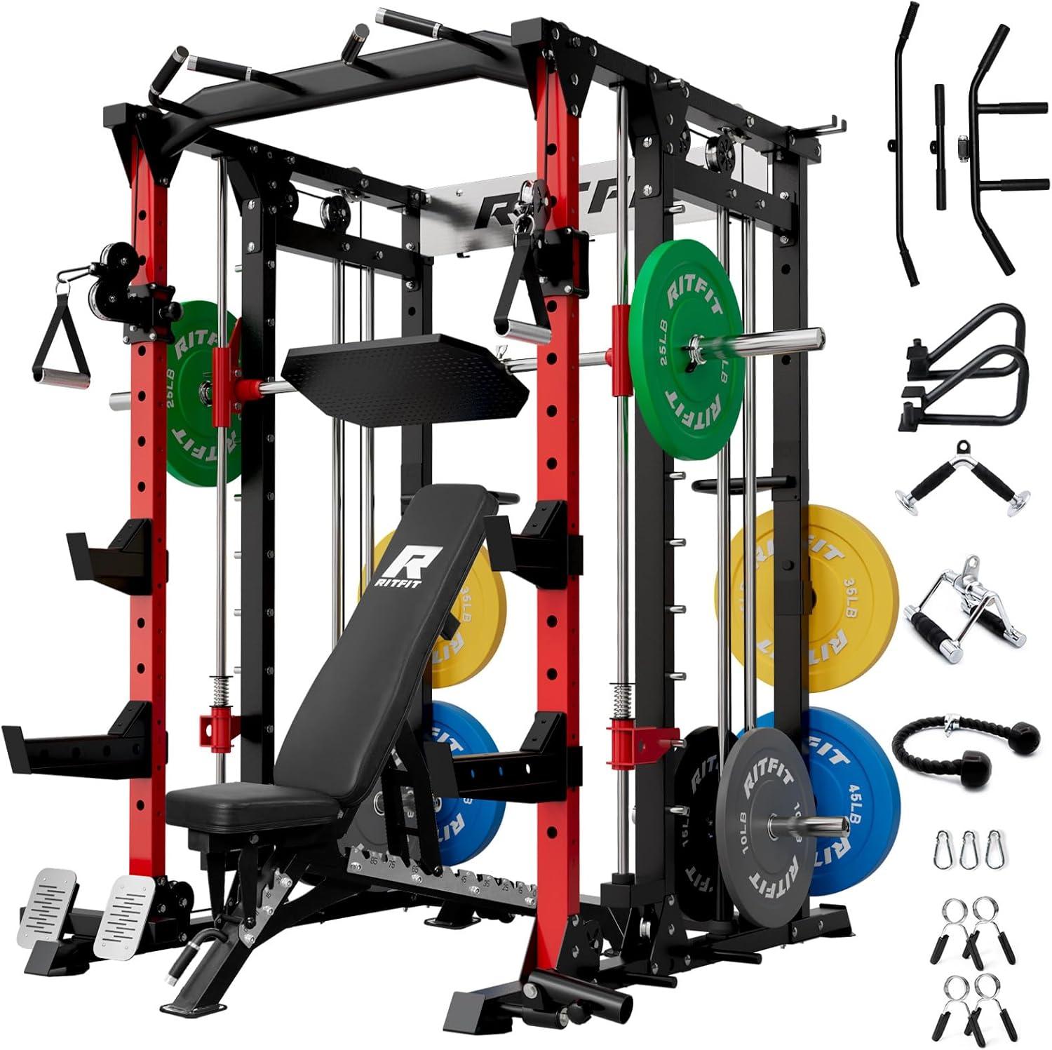 imageRitFit Buffalo Smith Machine Power cage with LATPull Down System amp Cable Crossover System AllinOne Squat Rack for Home Gym Power RackRedBlack