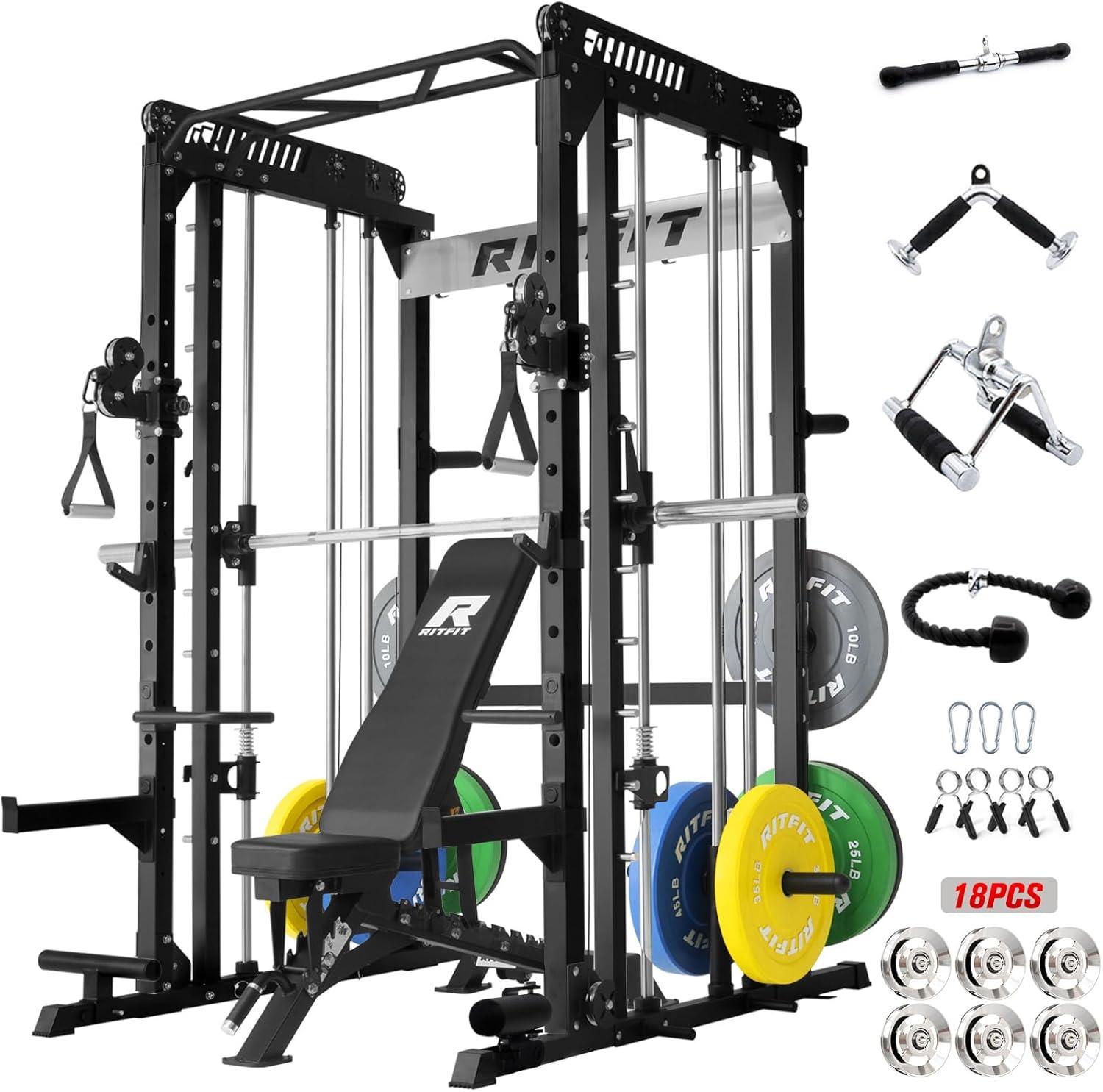 imageRitFit M1 Pro Smith Machine Package AllinOne Power Cage with Weight Stack Set Includes LAT Pulldown amp Cable Crossover System for Home GymeBlack