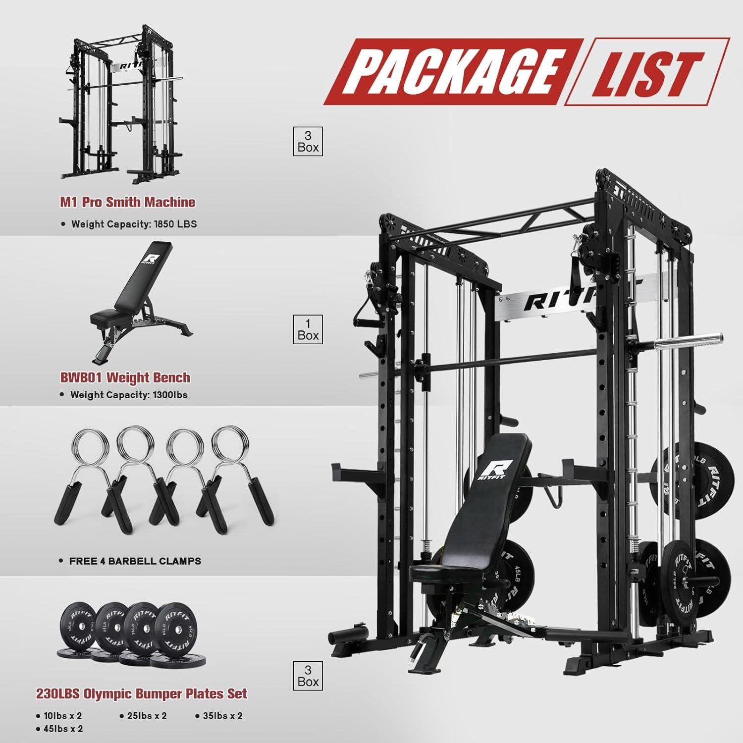 imageRitFit M1 Pro Smith Machine Package AllinOne Power Cage with Weight Stack Set Includes LAT Pulldown amp Cable Crossover System for Home GymeBlack