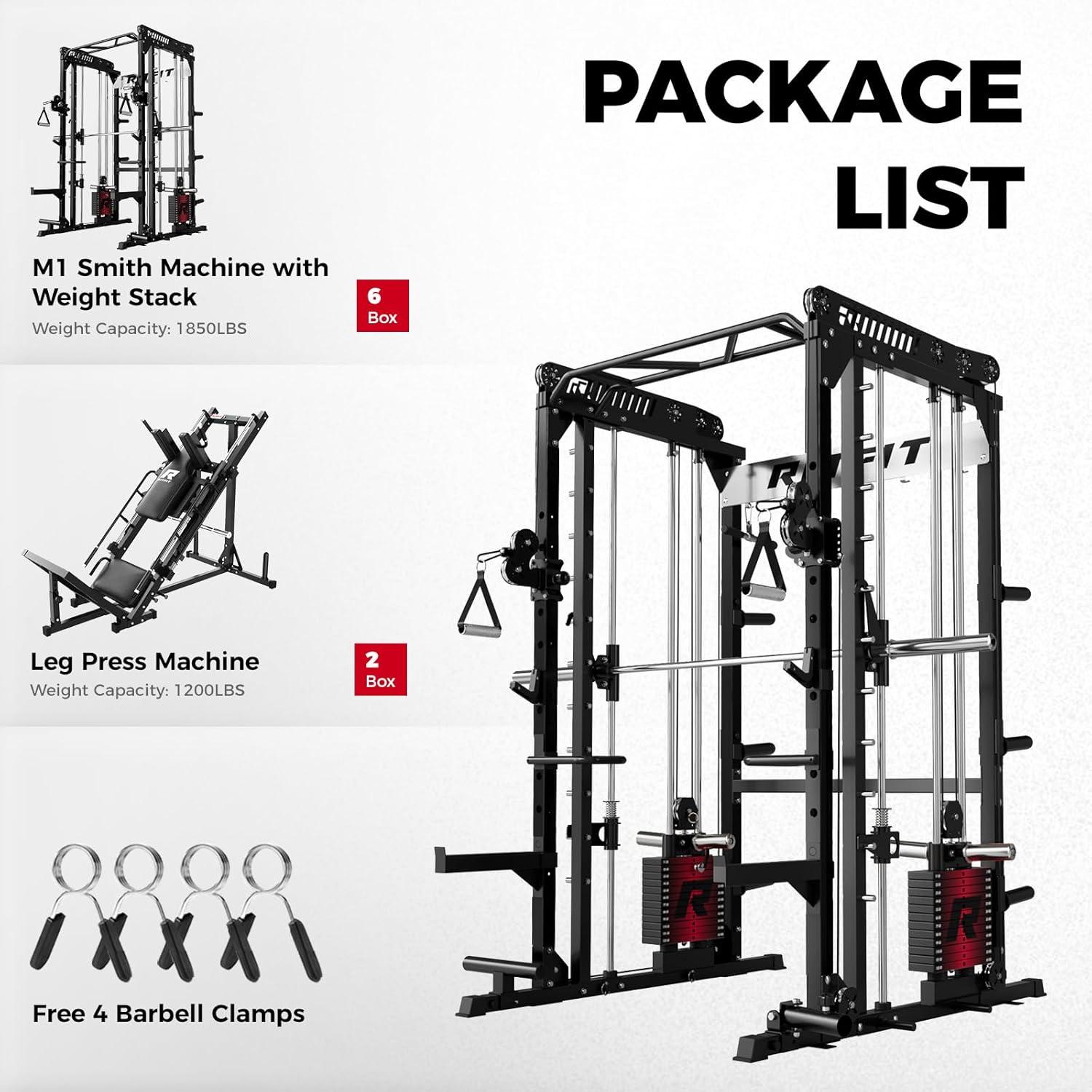 imageRitFit M1 Pro Smith Machine Package AllinOne Power Cage with Weight Stack Set Includes LAT Pulldown amp Cable Crossover System for Home GymeBlack