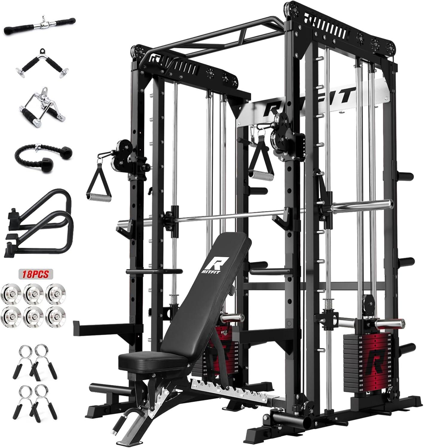 imageRitFit M1 Pro Smith Machine Package AllinOne Power Cage with Weight Stack Set Includes LAT Pulldown amp Cable Crossover System for Home GymeBlack