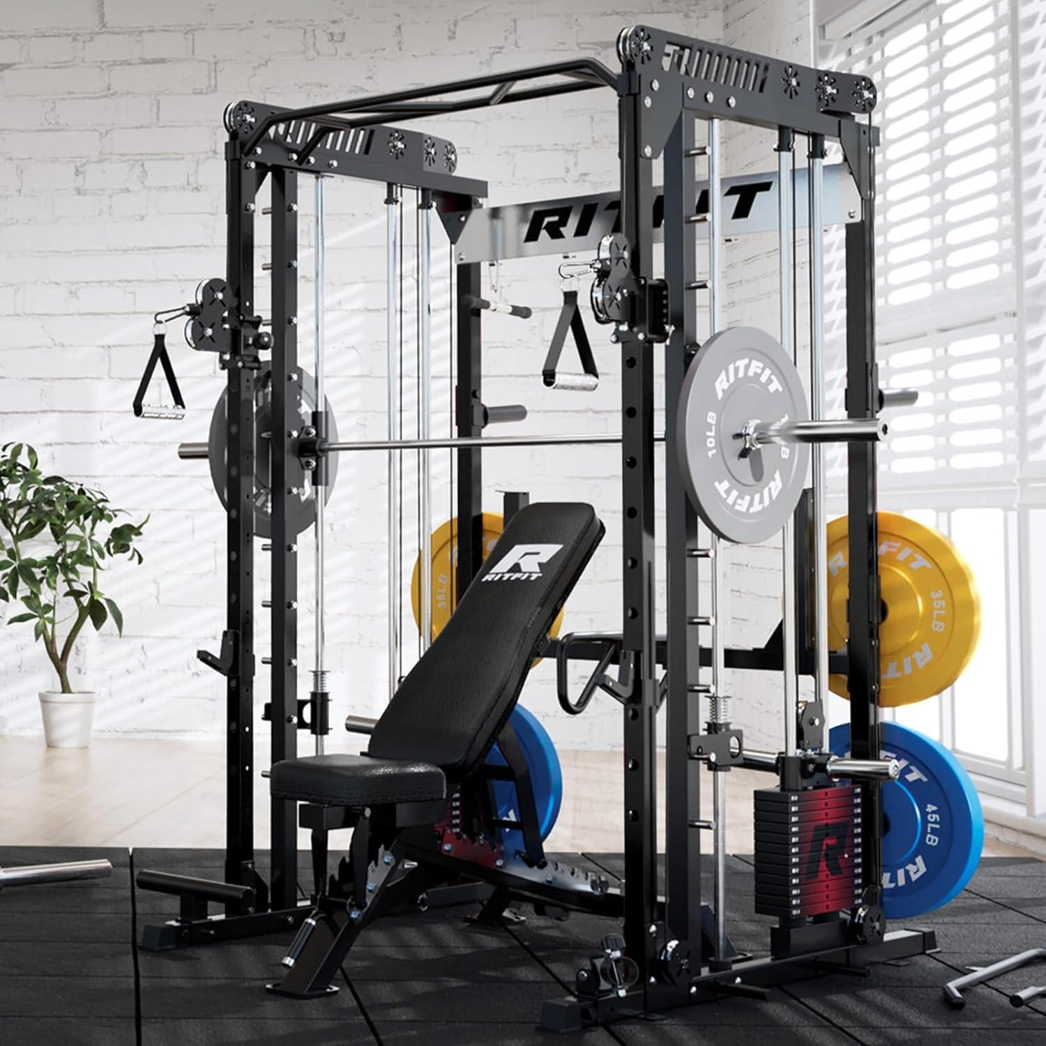 imageRitFit M1 Pro Smith Machine Package AllinOne Power Cage with Weight Stack Set Includes LAT Pulldown amp Cable Crossover System for Home GymeBlack