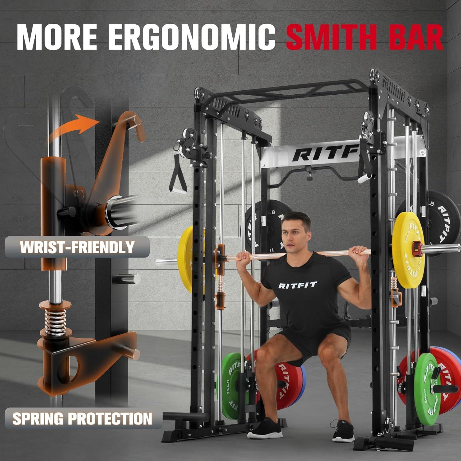 imageRitFit M1 Pro Smith Machine Package AllinOne Power Cage with Weight Stack Set Includes LAT Pulldown amp Cable Crossover System for Home GymeBlack
