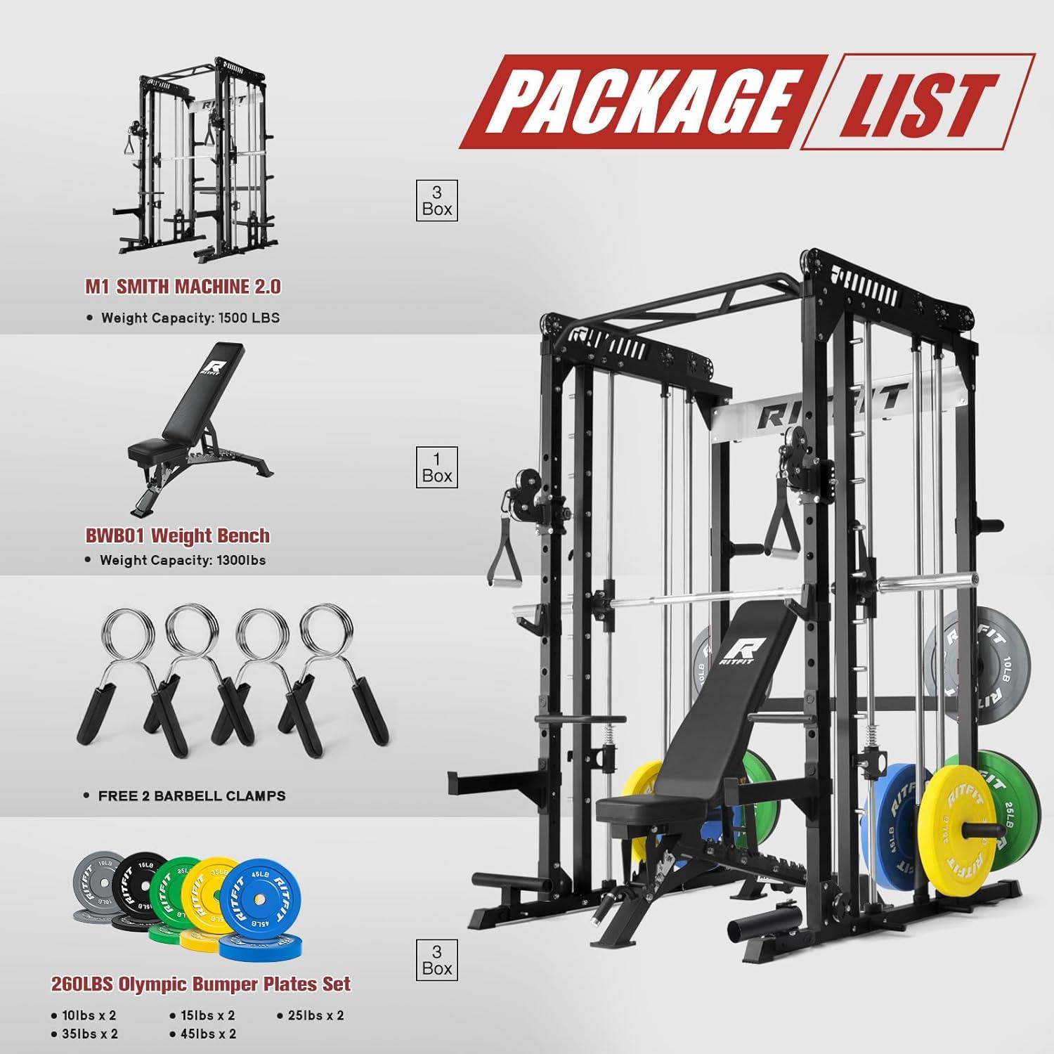 imageRitFit M1 Pro Smith Machine Package AllinOne Power Cage with Weight Stack Set Includes LAT Pulldown amp Cable Crossover System for Home GymeBlack
