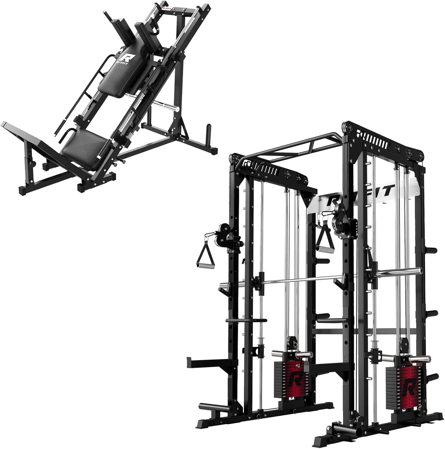 imageRitFit M1 Pro Smith Machine Package AllinOne Power Cage with Weight Stack Set Includes LAT Pulldown amp Cable Crossover System for Home GymeBlack