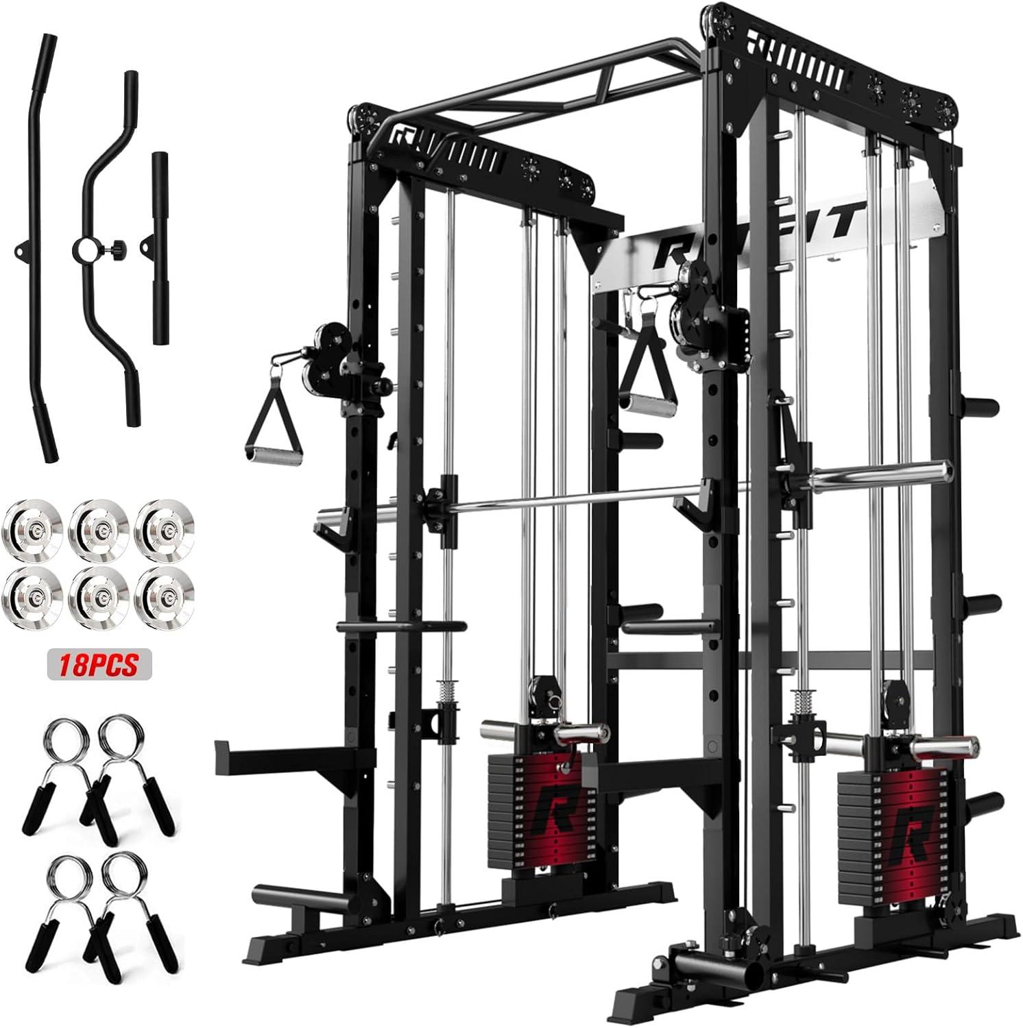 imageRitFit M1 Pro Smith Machine Package AllinOne Power Cage with Weight Stack Set Includes LAT Pulldown amp Cable Crossover System for Home GymeBlack