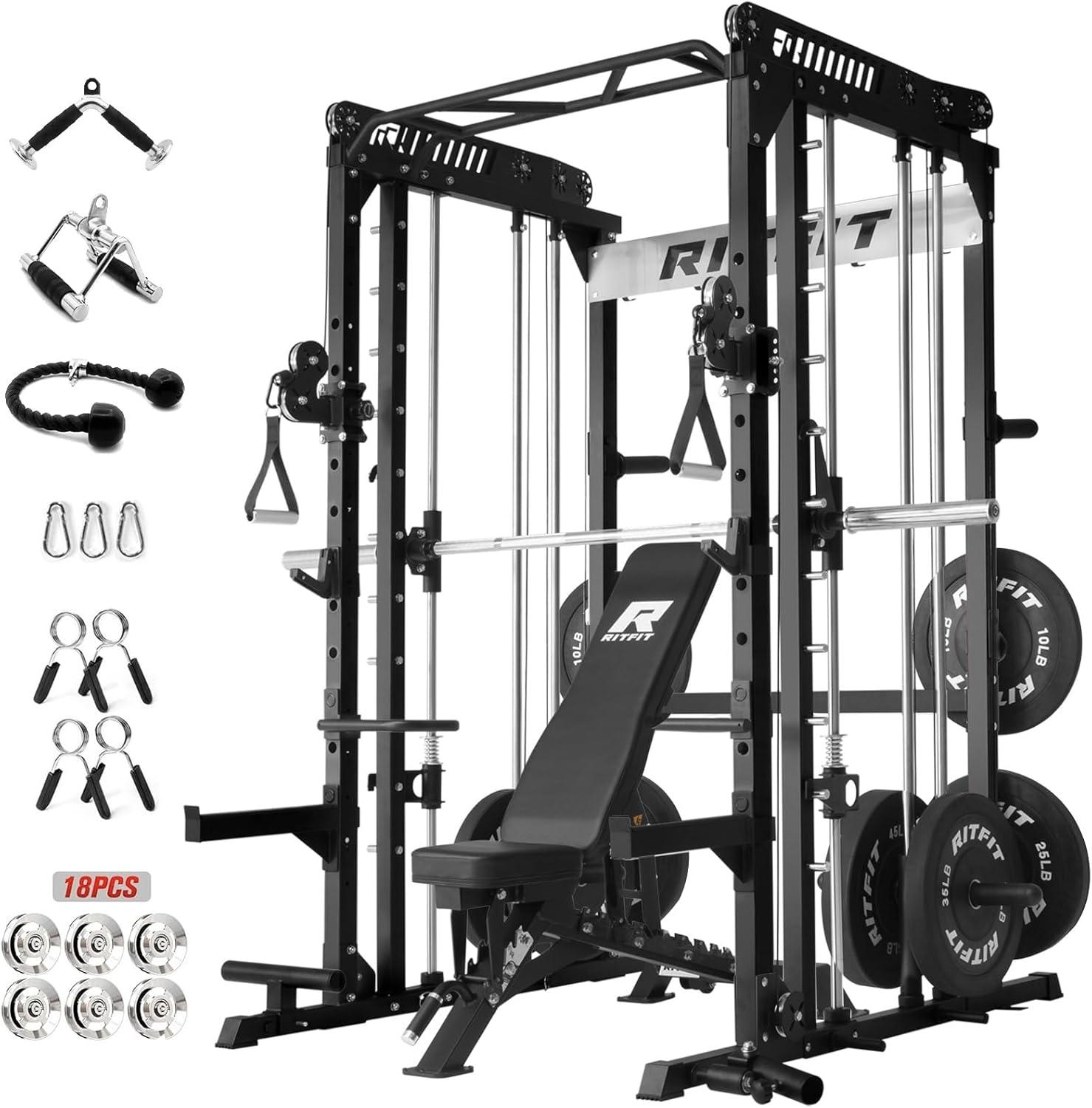 imageRitFit M1 Pro Smith Machine Package AllinOne Power Cage with Weight Stack Set Includes LAT Pulldown amp Cable Crossover System for Home GymeBlack