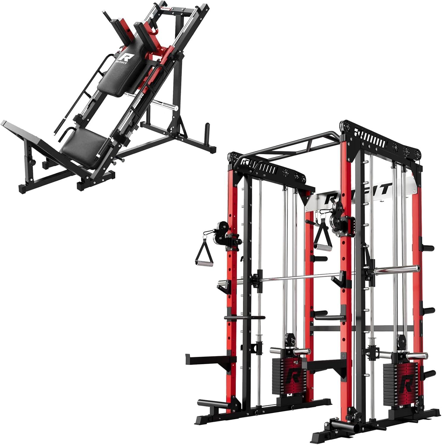 imageRitFit M1 Pro Smith Machine Package AllinOne Power Cage with Weight Stack Set Includes LAT Pulldown amp Cable Crossover System for Home GymeRed