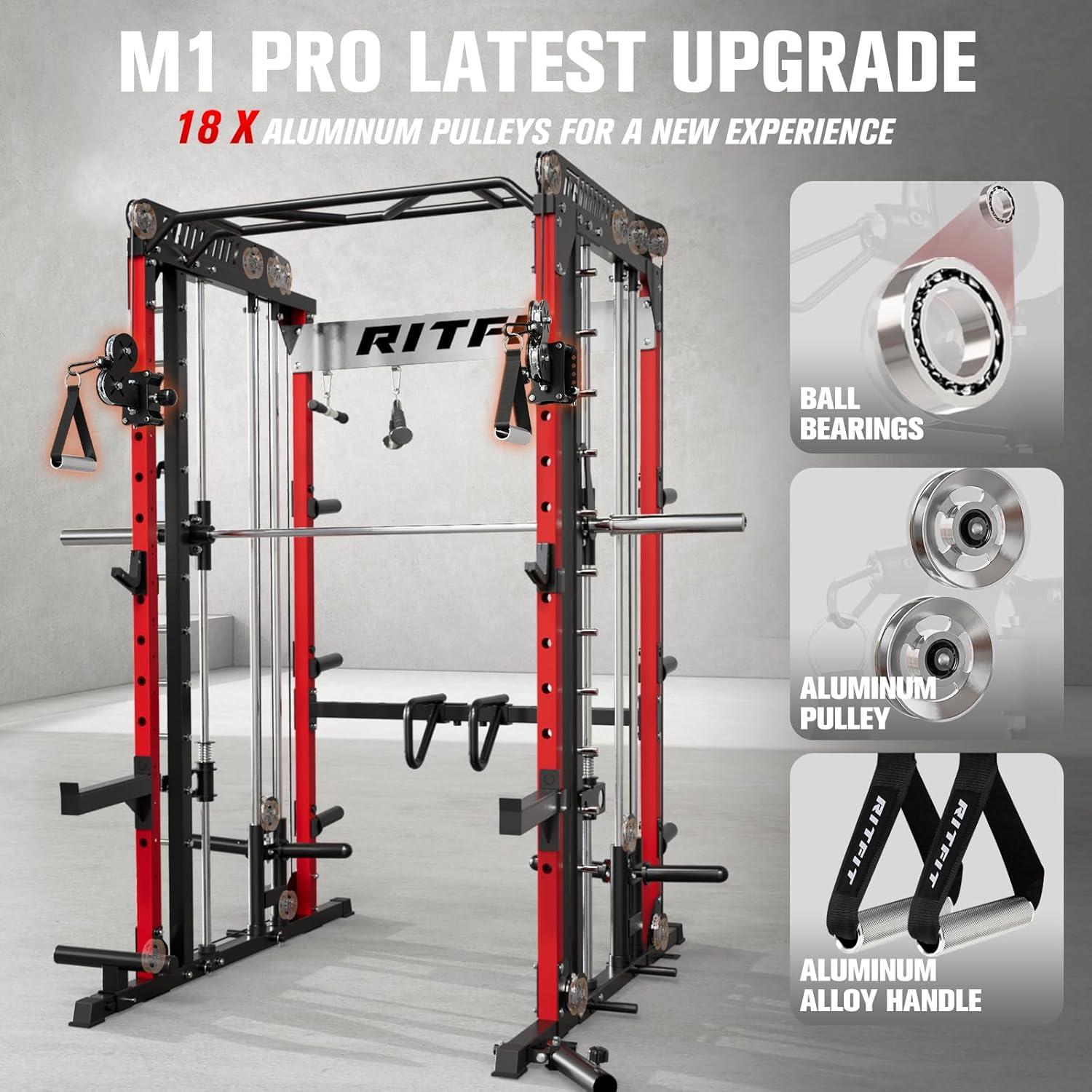 imageRitFit M1 Pro Smith Machine Package AllinOne Power Cage with Weight Stack Set Includes LAT Pulldown amp Cable Crossover System for Home GymeRed