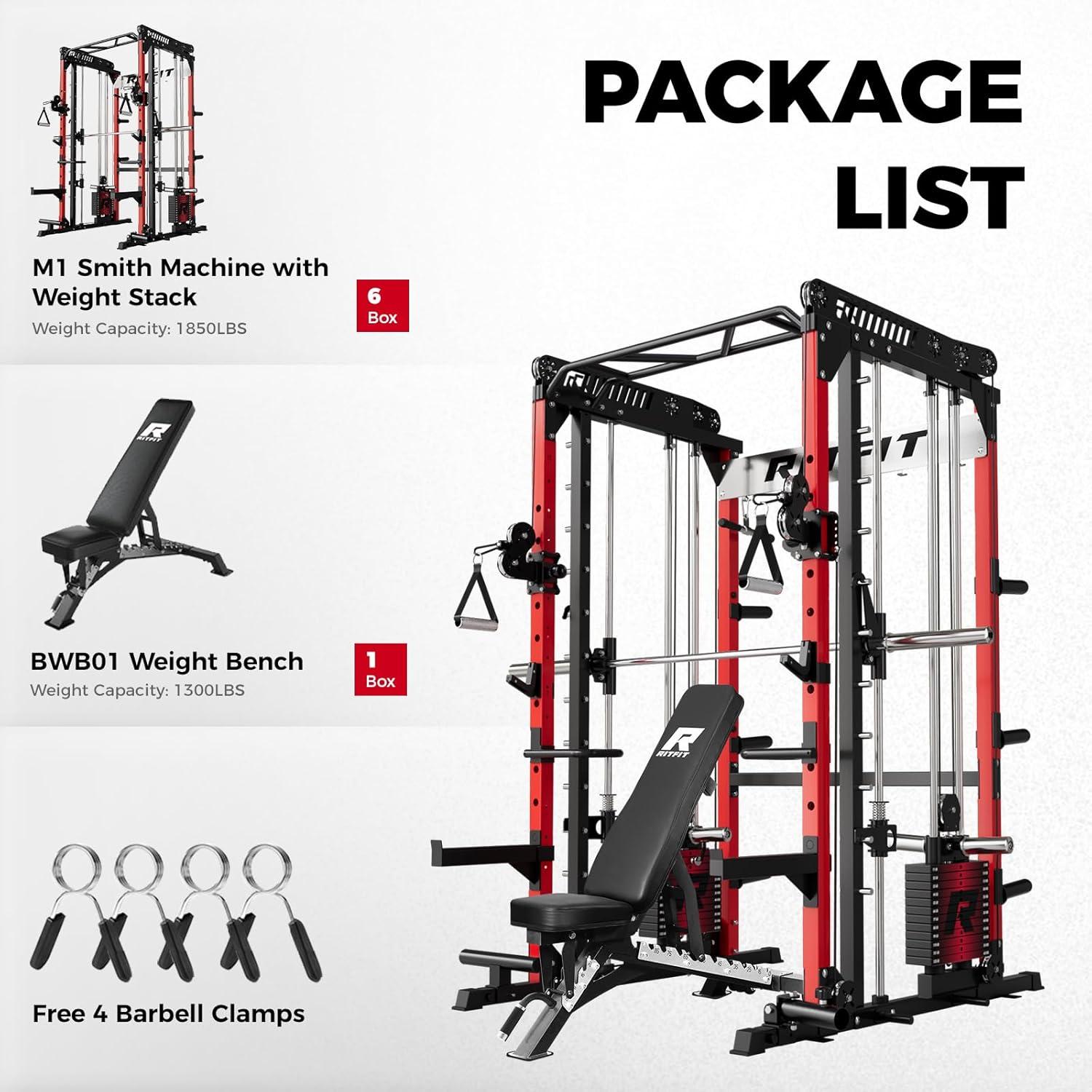 imageRitFit M1 Pro Smith Machine Package AllinOne Power Cage with Weight Stack Set Includes LAT Pulldown amp Cable Crossover System for Home GymeRed