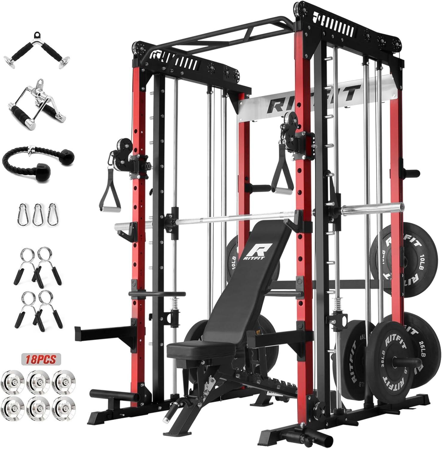 imageRitFit M1 Pro Smith Machine Package AllinOne Power Cage with Weight Stack Set Includes LAT Pulldown amp Cable Crossover System for Home GymeRed