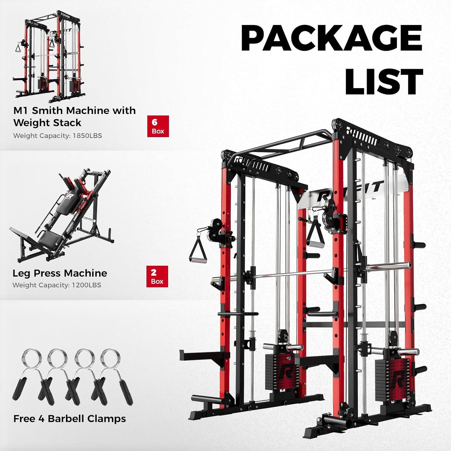 imageRitFit M1 Pro Smith Machine Package AllinOne Power Cage with Weight Stack Set Includes LAT Pulldown amp Cable Crossover System for Home GymeRed